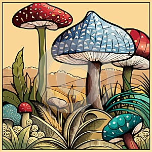 vector illustration with mushrooms, branches, leaves and berries. Set of autumn forest plants, fly