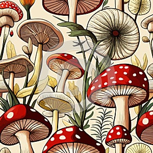 vector illustration with mushrooms, branches, leaves and berries. Set of autumn forest plants, fly