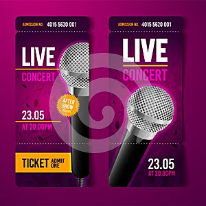 Vector illustration music concert event ticket design template with cool microphone and vintage effects