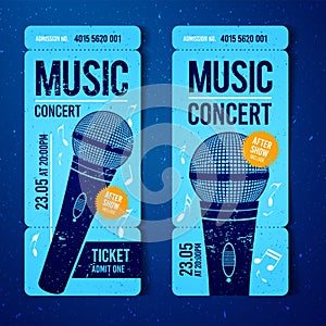 Vector illustration music concert event ticket design template with cool microphone and vintage effects