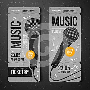 Vector illustration music concert event ticket design template with microphone and retro vintage grunge effects for print