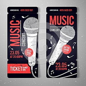 Vector illustration music concert ticket design template with microphone and cool grunge effects in the background