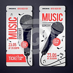 Vector illustration music concert ticket design template with microphone and cool grunge effects in the background