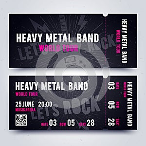 Vector Illustration Music Concert Ticket Template. Dark, Black Color Design For Rock Music Event.