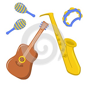 Vector illustration of musical instruments guitar, maracas, tambourine and saxophone isolated