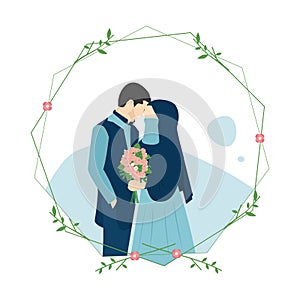 Vector illustration of a Muslim couples wedding invitation isolated on twig frame