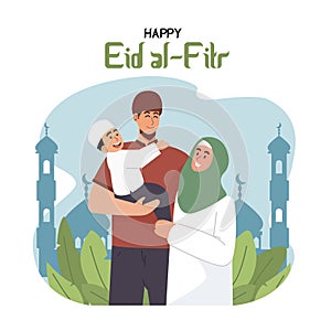 Vector illustration of a Muslim family, a mother wearing a hijab, and a father holding her son, they are happy