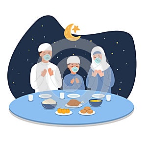 Vector illustration of a Muslim family praying to eat iftar food