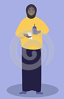 Vector illustration - a muslim girl in a hijab holds a smartphone and juice in her hands.