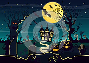 Vector illustration of mystery house with pumpkin lanterns and creatures decorated for Halloween. Halloween card with