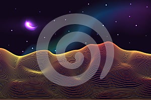 Vector illustration of a mystical abstract desert on a starry night with the moon and the milky way in the sky.