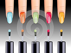 Vector illustration of nail polish in different colors being applied to nail.