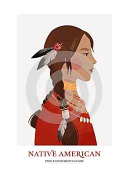 Vector illustration - native american. Young beautiful woman portrait with feathers and accessories. Modern feminine woman with