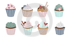 Vector illustration natural appetizing cupcakes on white background. Set homemade cakes with various fillings cartoon