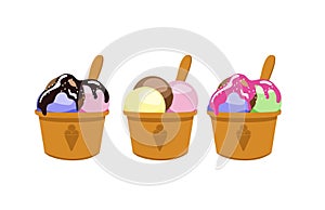 Vector illustration of natural Ice Cream, poster with soft serve neapolitan icecream in takeaway cup, 3 colorful scoop