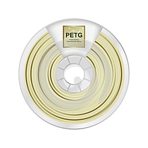 Vector natural petg filament for 3D printing wounded on the spool with a name PETG. Plastic material for 3D printer