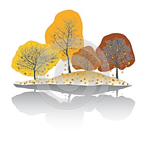 Vector illustration of natural trees with falling leaves. Trees silhouette with drop shadow effect.