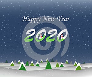 Vector illustration of nature landscape in night winter. Pine trees landscape with snowfall in the night. Happy New Year 2020