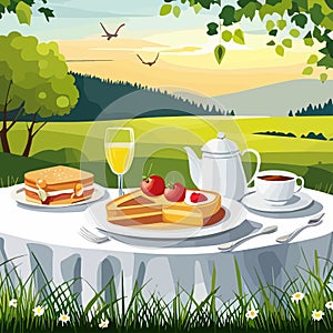 Vector illustration nature scene with tables with food mountains at background.