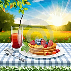 Vector illustration nature scene with tables with food mountains at background.