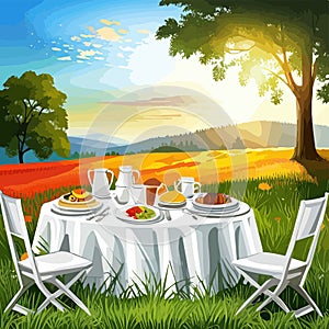 Vector illustration nature scene with tables with food mountains at background.