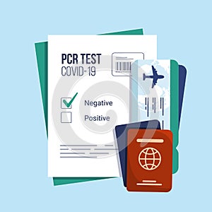 Vector illustration of negative result on PCR test for Covid-19, passports with airline boarding pass tickets.