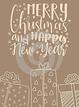 Vector illustration for New Year and Christmas. Hand-drawn image of a cartoon silhouette of gifts in beige shades with an inscript photo