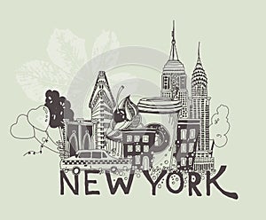 Vector illustration of New York attractions in black and white colors