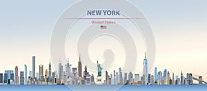 Vector illustration of New York city skyline on colorful gradient beautiful day sky background with flag of United States