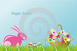 Vector illustration with a nice Pink Rabbit, basket of flowers and ester eggs. Caption - Happy Easter.