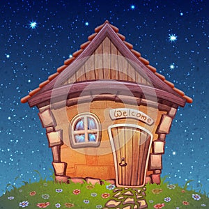 Vector illustration of night cartoon home on