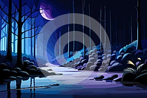 Vector illustration of night forest landscape with a river and a full moon, dark blue nature scene, generative ai