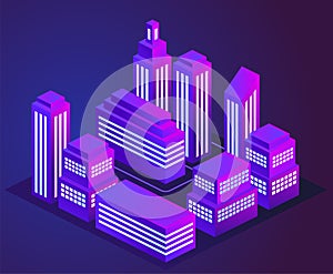 Vector illustration of a night glowing neon city. Bright and glowing neon purple and blue lights. Neon city landscape.