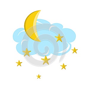 Vector illustration of night sky with cloud, moon and stars. Night symbols in a simple illustration