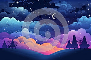 vector illustration of night sky with clouds trees moon and stars