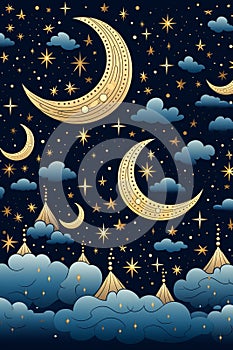 vector illustration of night sky with crescent moon and stars