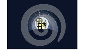 A vector illustration of a night time city buildings