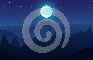 Vector illustration of night time nature landscape in the forest with a Mountain, Full moon and a Starry sky