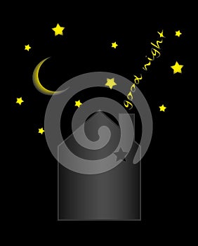 Vector illustration of night time nature landscape with house, sky, falling stars and inscription `Good night`.