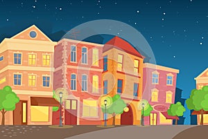 Vector illustration of night town in cartoon style. Street with colorful cute houses, night time city in flat style.