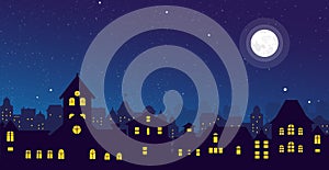 Vector illustration of the night town skyline with a full moon over urban houses rooftops in flat style. photo