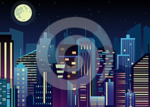 Vector illustration of night urban city landscape. Big modern city with skyscrapers in night time with lights in