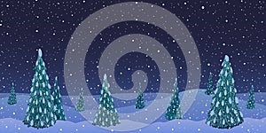 Vector illustration. Night winter landscape. Fir trees forest on hills at night