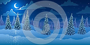 Vector illustration. Night winter landscape. Fir trees forest on hills at night with moon.