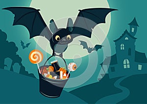 Vector illustration of nighttime Halloween scene, cute bat flying with bucket full of candy, with full moon, haunted house, fores photo