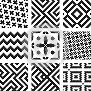 Nine seamless geometric regular patterns in black and white.