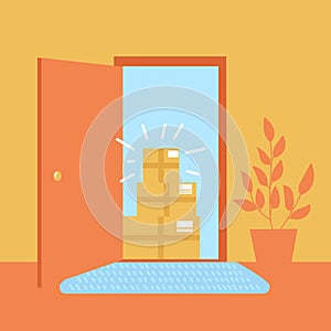 Vector illustration No contact delivery. Apartment entrance and delivered boxes.