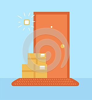 Vector illustration No contact delivery. Apartment entrance and shipping boxes.Basic RGB