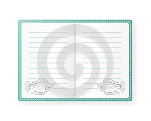 Vector illustration of notebook with fish. Empty lined paper. The blue cover.