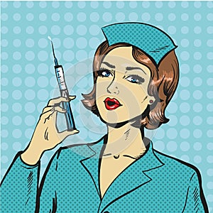 Vector illustration of nurse with syringe in pop art style